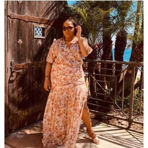 KATIENYC Veronica Beard Mick Floral Metallic Silk Maxi Dress Pink Melon size 20